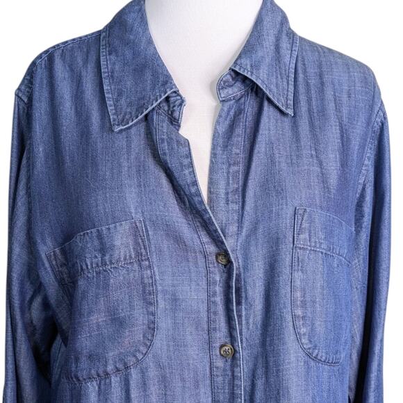 Soft Surroundings Chambray Midi Shirt Dress Medium Blue Belted Roll Tab Tencel - Picture 5 of 11